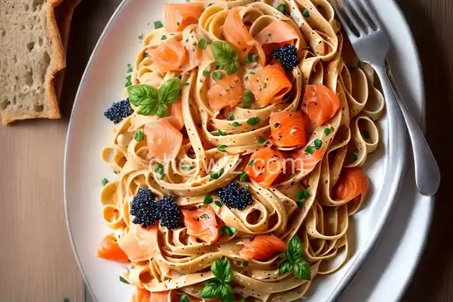 Creamy Vodka Fettuccine with Tomato, Smoked Salmon, and Caviar