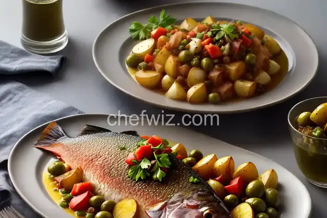 Crisp Red Snapper with Ragout of Potatoes, Onions, Artichokes, and Green Olives with Sauce Vierge