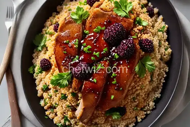 Crispy Duck with Blackberry Gastrique, Roasted Pearl Onions, and Israeli Cous-Cous Recipe