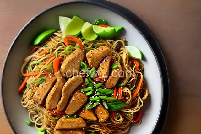 Crispy Pan-Fried Noodles with Chicken and Vegetables (Gai See Liang Mein Wong)