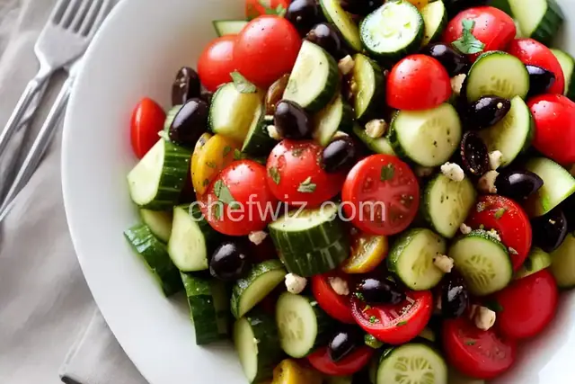 Cucumber Tomato Salad with Zucchini and Black Olives in Lemon Balsamic Vinaigrette