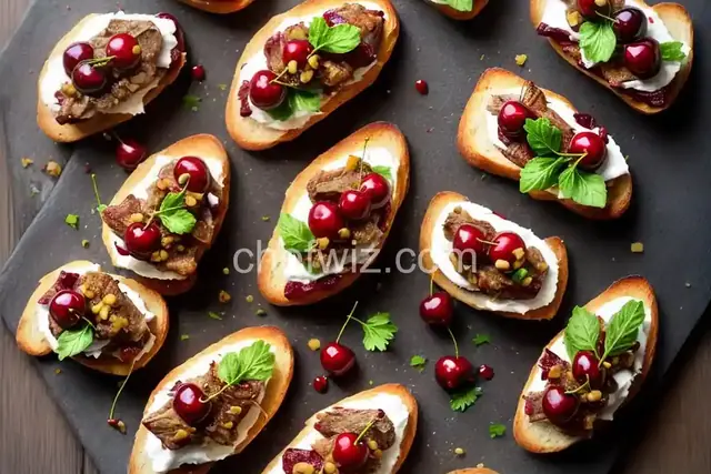 Duck Confit Crostini with Pickled Cherries and Duck Cracklings