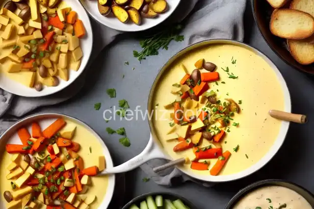 Easy Cheesy Fondue with Fingerling Potatoes, French Bread and Select Vegetables
