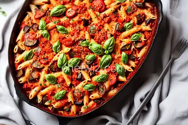 Eggplant, Tomato and Mozzarella Pasta Bake