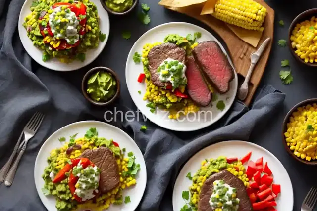 Filet Mignon with Bell Pepper Haystack and Fresh Guacamole Served with Corn Chips