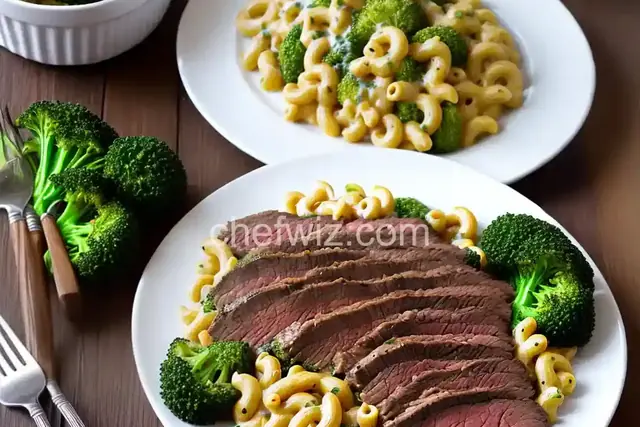 Flank Steak with Broccoli Mac and Cheese