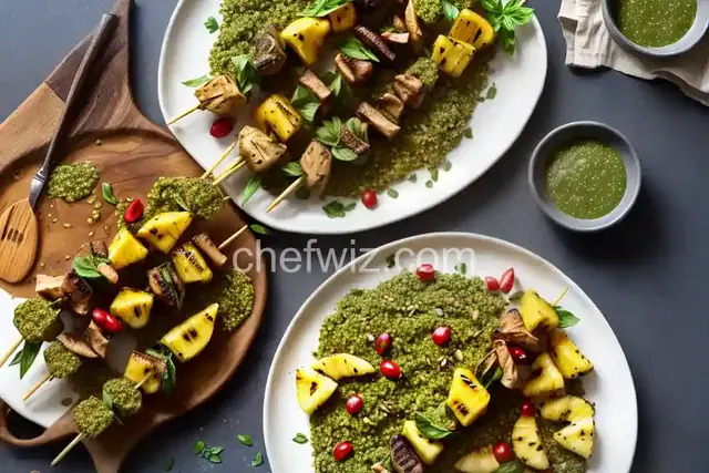 Freekeh with Basil-Cilantro Pesto and Grilled Pineapple Skewers