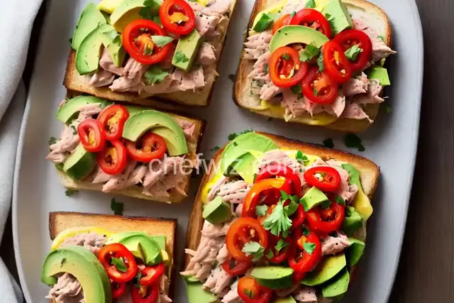 Fully Loaded Tuna Melt With Bacon, Pickled Peppers, Avocado, and Tomato Recipe