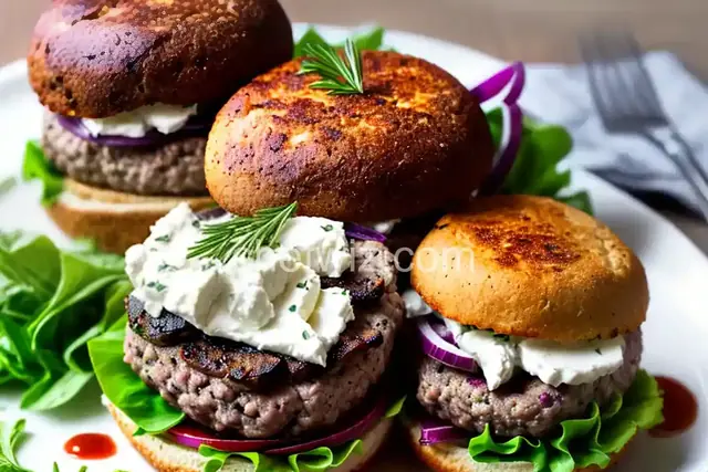 Goat Cheese–Stuffed Lamb Burgers with Caramelized Red Onions