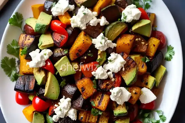 Great Grilled Smoky Vegetables with Avocado and Goat Cheese Crumbles