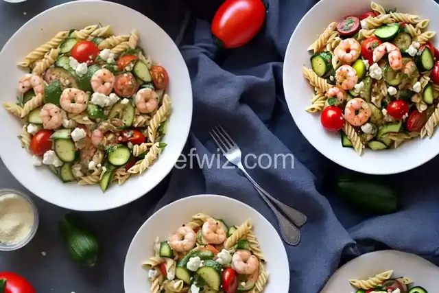 Greek Pasta Salad with Shrimp, Tomatoes, Zucchini, Peppers, and Feta
