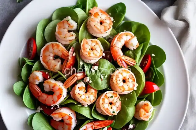 Greek-Style Shrimp Salad on a Bed of Baby Spinach