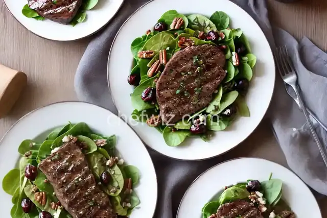 Grilled Peppercorn Steak and Caramelized Pecan Salad with Cabernet-Cherry Vinaigrette
