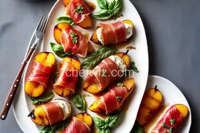 Grilled Prosciutto-Wrapped Peaches with Burrata and Basil