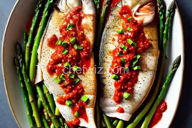 Grilled Snapper and Asparagus with Red Pepper Sauce