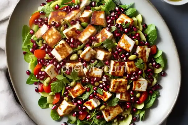 Halloumi Three-Bean Salad with Pomegranate-Harissa Vinaigrette