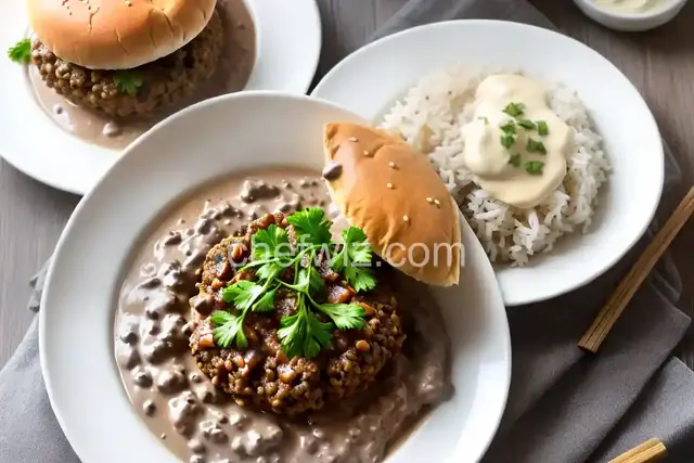 Hamburger on white rice with creamy mushroom gravy!