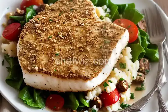 Hazelnut Crusted Halibut with Garlic Mashed Potatoes