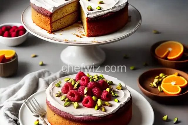 Honey Almond Cake with Raspberries, Orange and Pistachios