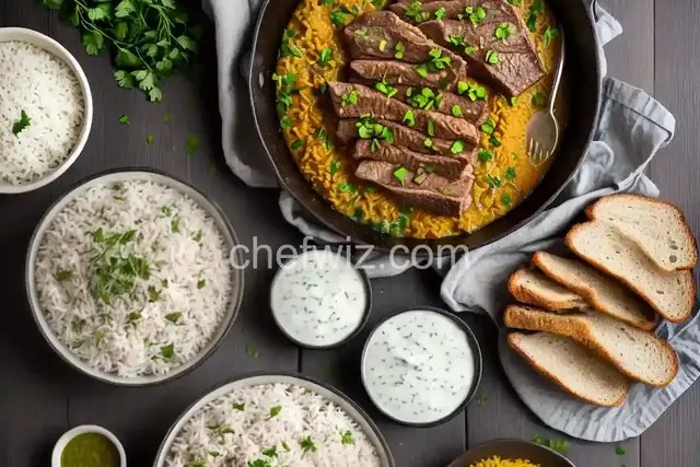 Lamb in Spiced Yogurt Sauce with Rice and Bread
