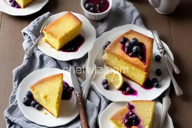 Lemon Cornmeal Cake with Lemon Glaze and Crushed-Blueberry Sauce