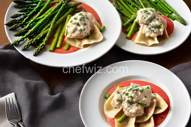 Lump Crabmeat Ravioli with Red Pepper Cream Sauce and Asparagus