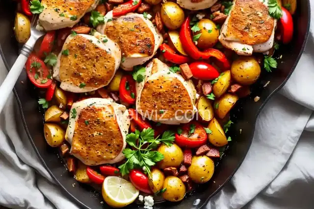 Mediterranean Chicken Thighs with Potatoes, Peppers and Feta