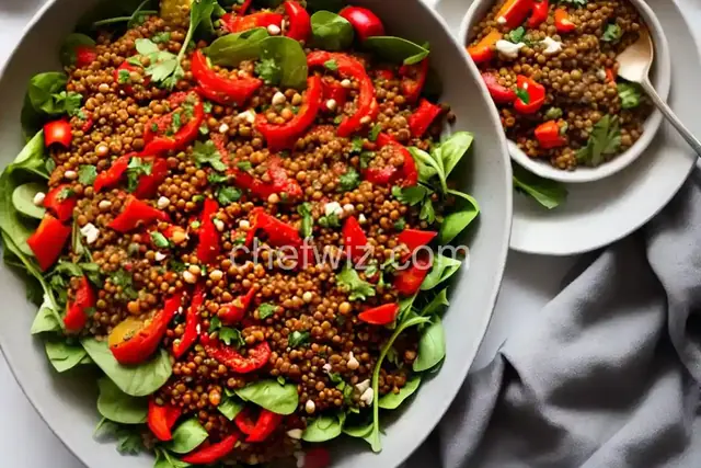 Mediterranean Style Roasted Red Pepper and Lentil Salad