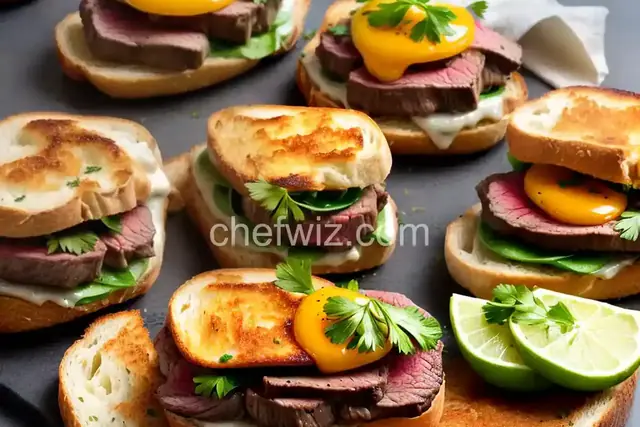 Mini Open Faced Steak Sandwiches on Garlic Bread with Aged Provolone and Parsley Oil