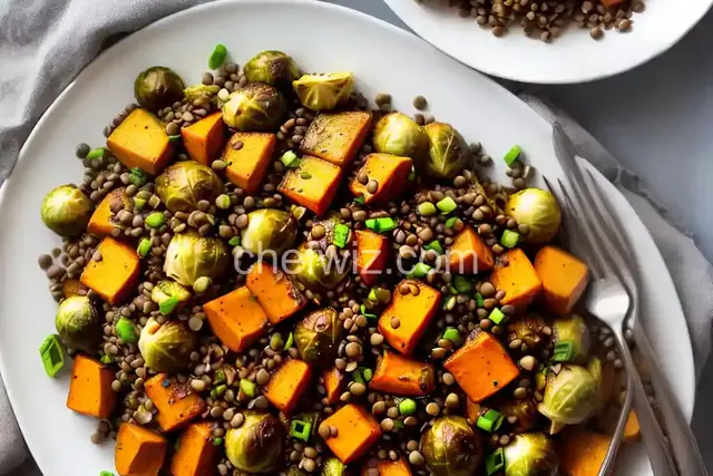 Miso Maple Brussel Sprouts and Sweet Potatoes with Lentils