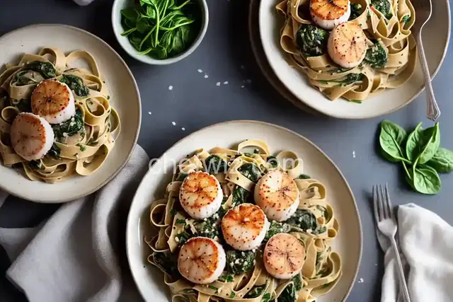 New Year Spinach Fettuccine with Scallops