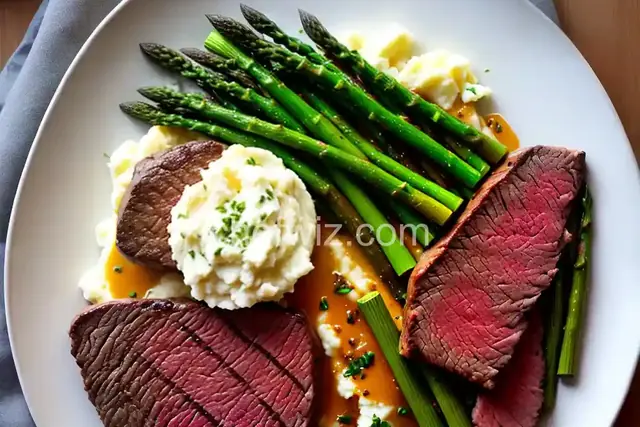 New York Strip with Maitre Butter, Horseradish Mashed Potatoes and Asparagus