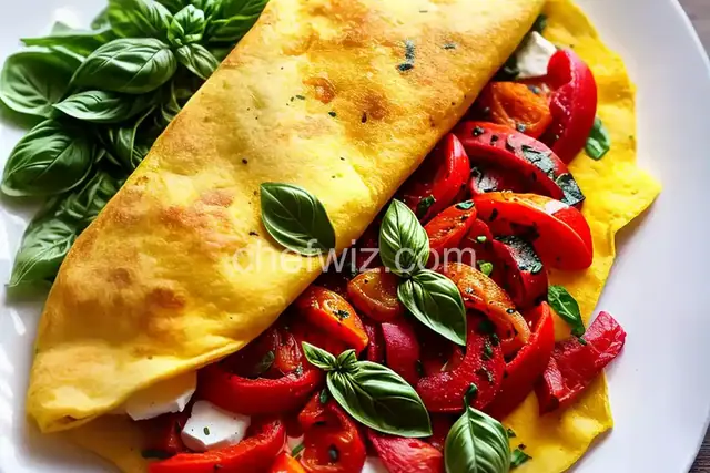 Omelet with Prosciutto, Roasted Peppers, Fresh Mozzarella, Basil