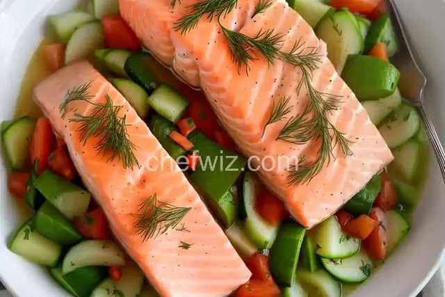 Oven Poached Salmon a la Paige with Dill, Vidalia Onion and Cucumber Relish