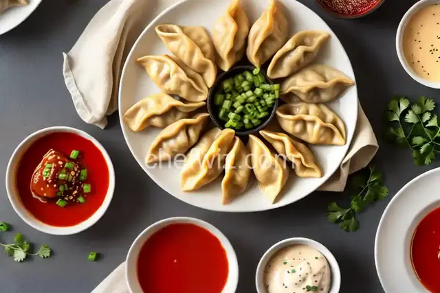Pan-Fried Chicken Dumplings with Sweet and Spicy Dipping Sauce
