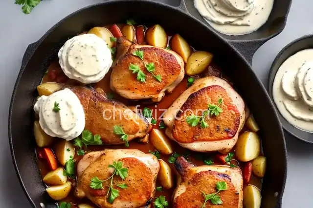Pan Fried Chicken Thighs with Pancetta Cream over Confit Potatoes