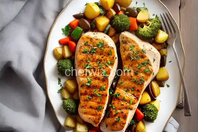 Pan Seared Chicken Breast with Herb Jus and Potato-Vegetable Hash