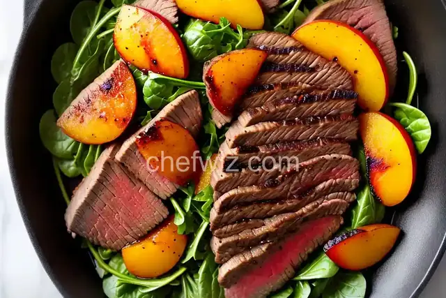 Pan-Seared Flank Steak With Peaches and Dandelion Greens Recipe