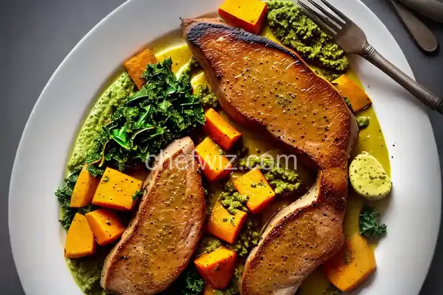 Pan-Seared Veal Chop with Roasted Kale Pesto and Butternut Squash and Parsnip Puree