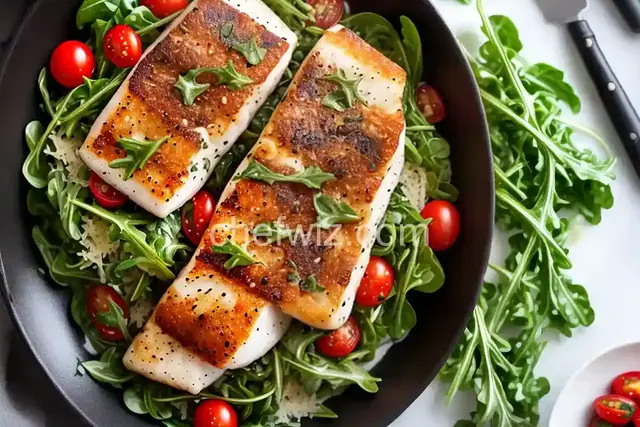 Parmesan Black Cod with Arugula and Tomato Topping