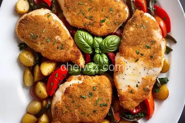 Parmesan Crusted Chicken Breasts with Tomato and Basil and Potatoes with Peppers and Onions