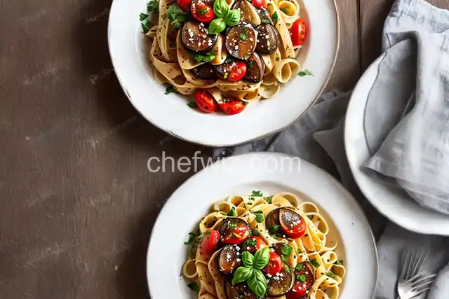 Pasta with Eggplant, Portobella, and Tomatoes Recipe
