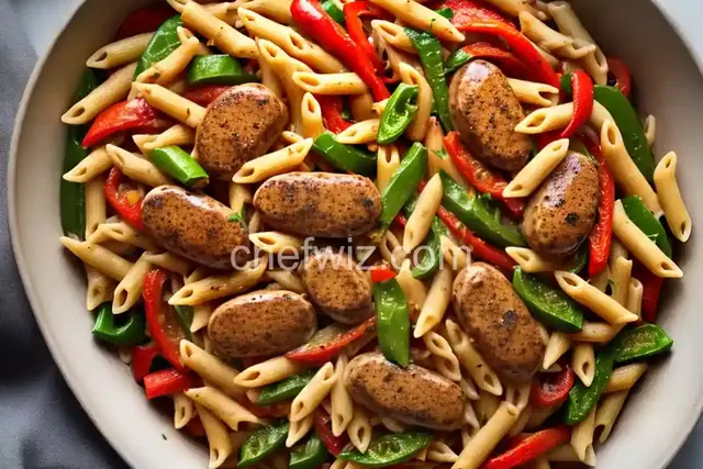 Penne, Peppers, and Chicken-Apple Sausage Saute