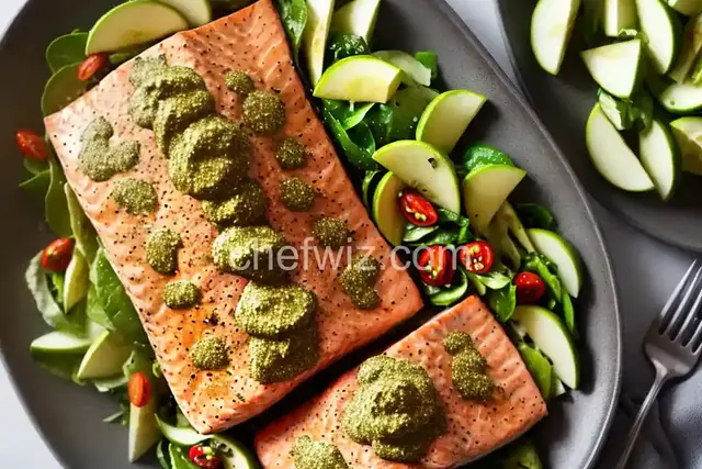 Pesto-Rubbed Baked Salmon with Smashed Cucumber and Green Apple Salad