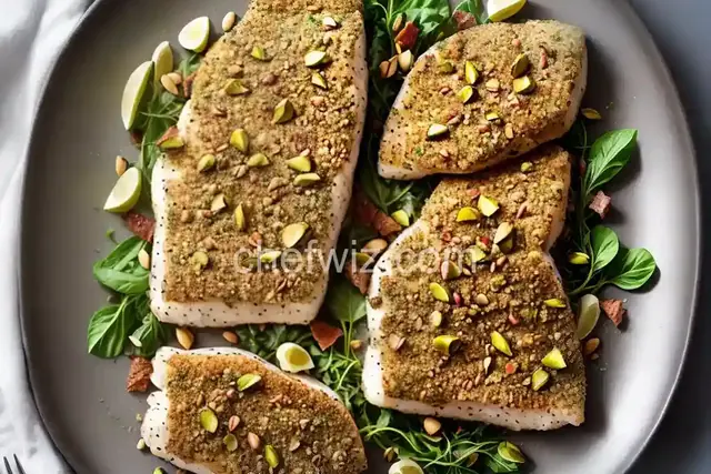 Pistachio-Crusted Tilapia with Chard, Flash-Fried Prosciutto, Gorgonzola and Pine Nuts