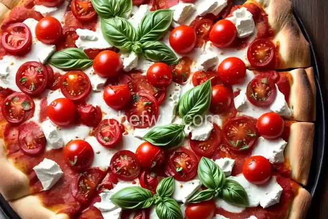 Pizza With Cherry Tomatoes, Garlic, Basil, and Mozzarella