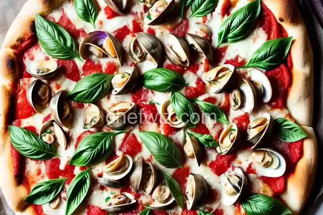 Pizza with Fresh Clams, Garlic, Mozzarella, Romano, and Basil Recipe