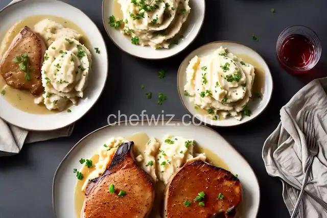 Pork Chops with Oniony Mashed Potatoes and Cider Gravy