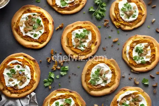 Pumpkin Hummus, Caramelized Onion and Fontina Cheese Pizzas
