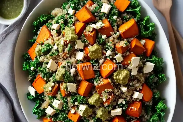 Quinoa Salad with Roasted Sweet Potato, Kale & Pesto Vinaigrette